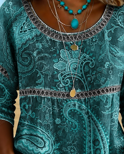 Green Vintage Paisley Floral Print Scoop Neck Eyelet Lace Peplum Three-Quarter Sleeve Loose Blouse