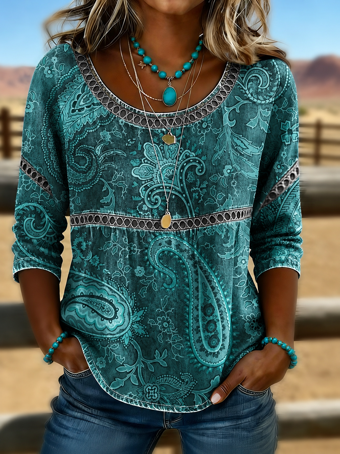 Green Vintage Paisley Floral Print Scoop Neck Eyelet Lace Peplum Three-Quarter Sleeve Loose Blouse