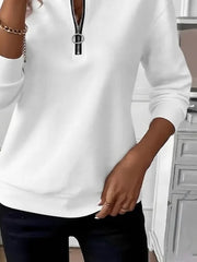 White Half Zip Stand Collar Solid Long Sleeve Casual Sweatshirt