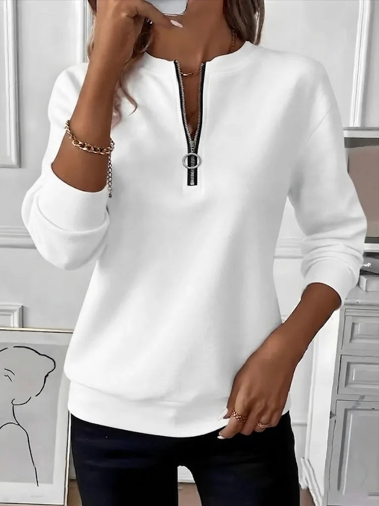 White Half Zip Stand Collar Solid Long Sleeve Casual Sweatshirt