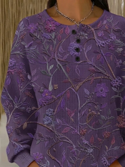 Purple Waffle Knit Floral Vine Print Henley Button Crew Neck Long Sleeve Casual Sweatshirt