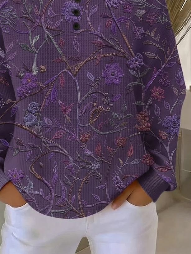 Purple Waffle Knit Floral Vine Print Henley Button Crew Neck Long Sleeve Casual Sweatshirt