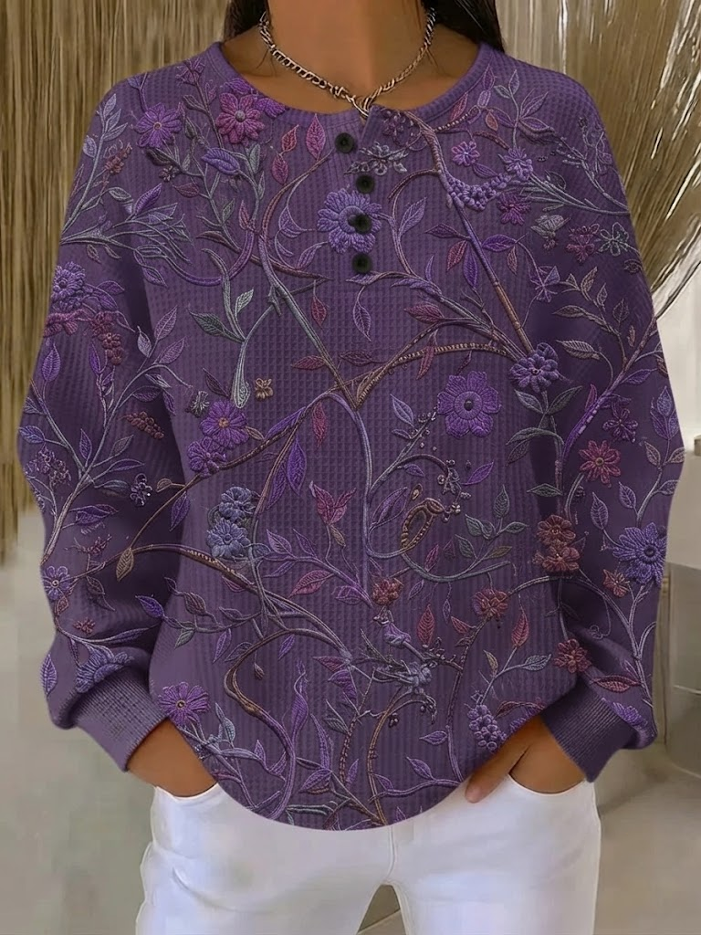 Purple Waffle Knit Floral Vine Print Henley Button Crew Neck Long Sleeve Casual Sweatshirt