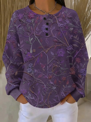 Purple Waffle Knit Floral Vine Print Henley Button Crew Neck Long Sleeve Casual Sweatshirt