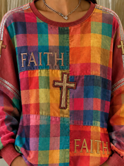 Multicolor Plaid Faith Cross Embroidery Crew Neck Long Sleeve Loose Sweatshirt