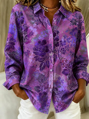 Purple Vintage Peony Floral Shawl Collar Button Down Long Sleeve Lightweight Shirt
