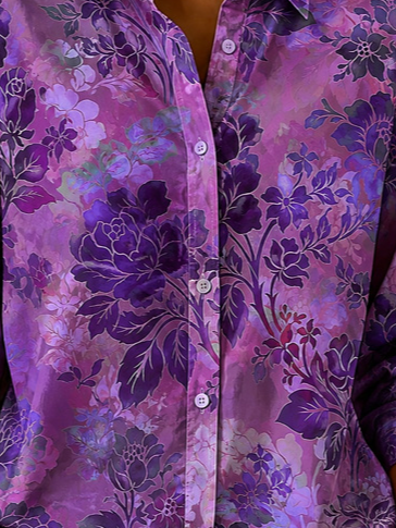 Purple Vintage Peony Floral Shawl Collar Button Down Long Sleeve Lightweight Shirt