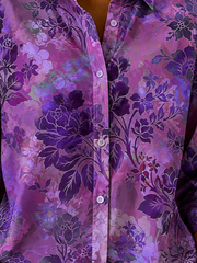Purple Vintage Peony Floral Shawl Collar Button Down Long Sleeve Lightweight Shirt