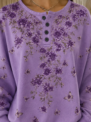 Purple Floral Butterfly Print Four-Button Henley Crew Neck Long Sleeve Casual Sweatshirt