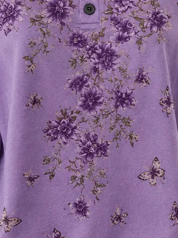 Purple Floral Butterfly Print Four-Button Henley Crew Neck Long Sleeve Casual Sweatshirt