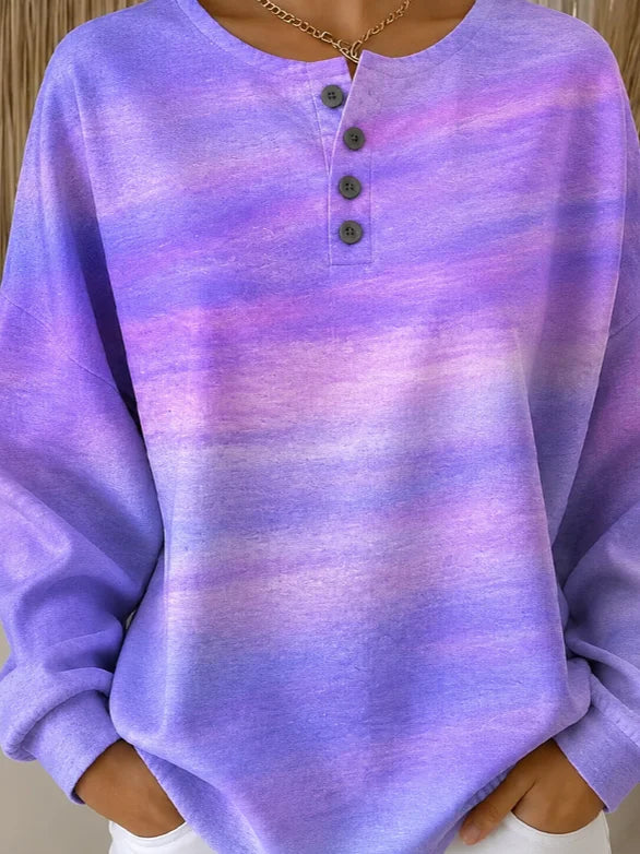 Purple Pink Gradient Tie-Dye Four-Button Henley Crew Neck Long Sleeve Casual Sweatshirt