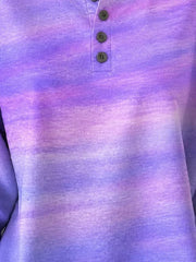 Purple Pink Gradient Tie-Dye Four-Button Henley Crew Neck Long Sleeve Casual Sweatshirt