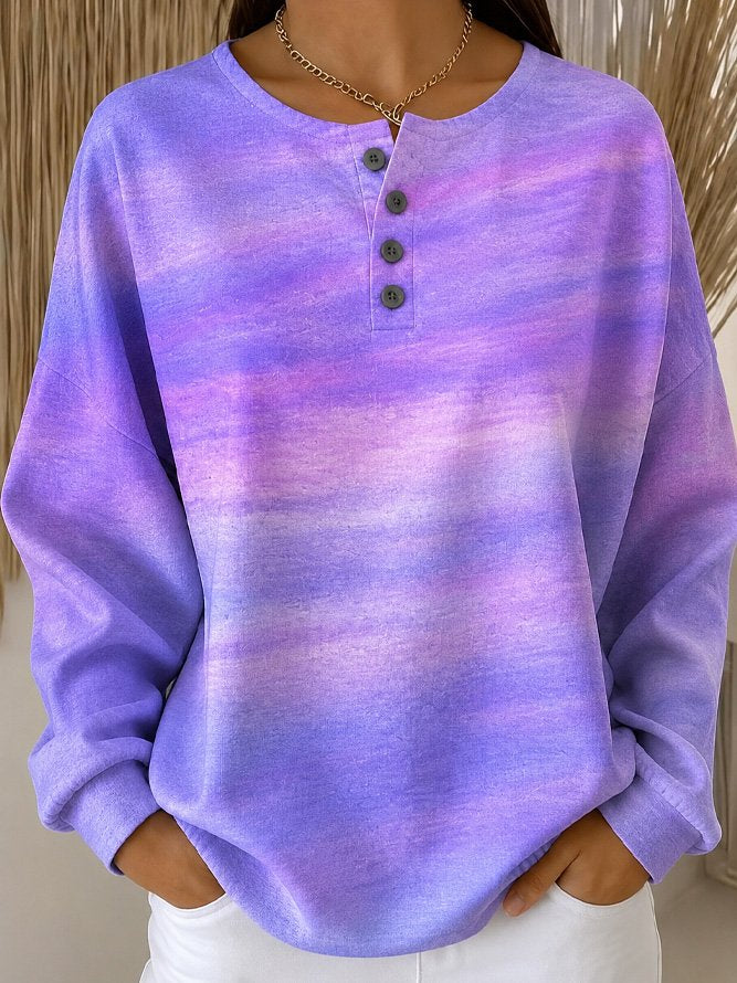 Purple Pink Gradient Tie-Dye Four-Button Henley Crew Neck Long Sleeve Casual Sweatshirt