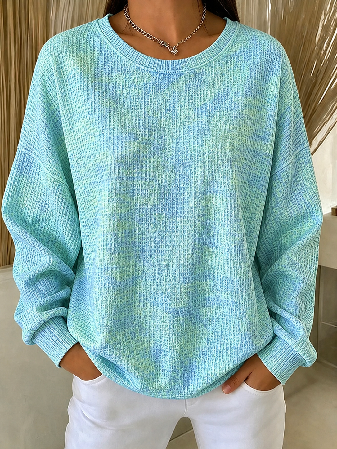 Green Blue Ombre Waffle Knit Crew Neck Long Sleeve Loose Casual Sweatshirt