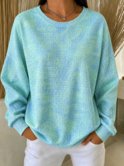 Green Blue Ombre Waffle Knit Crew Neck Long Sleeve Loose Casual Sweatshirt