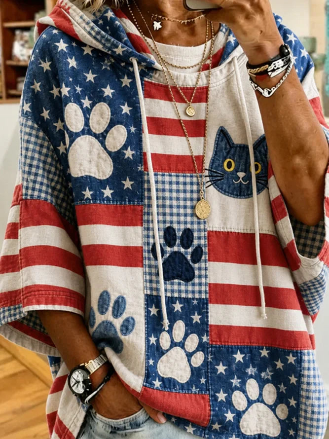 American Flag Patchwork Cat Paw Print Short Sleeve Drawstring Hoodie