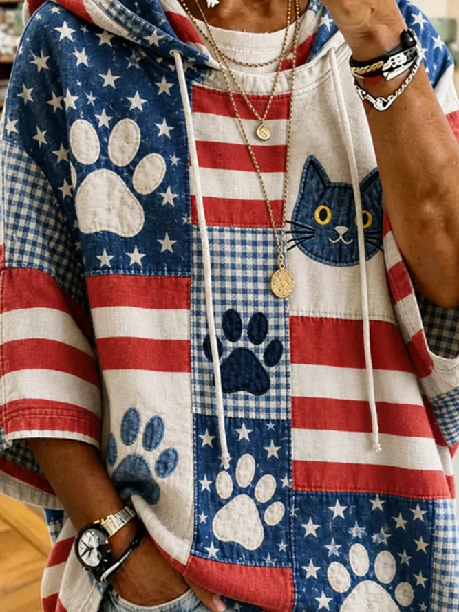American Flag Patchwork Cat Paw Print Short Sleeve Drawstring Hoodie