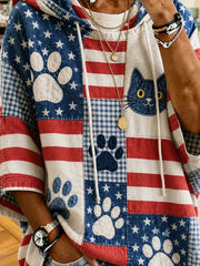 American Flag Patchwork Cat Paw Print Short Sleeve Drawstring Hoodie