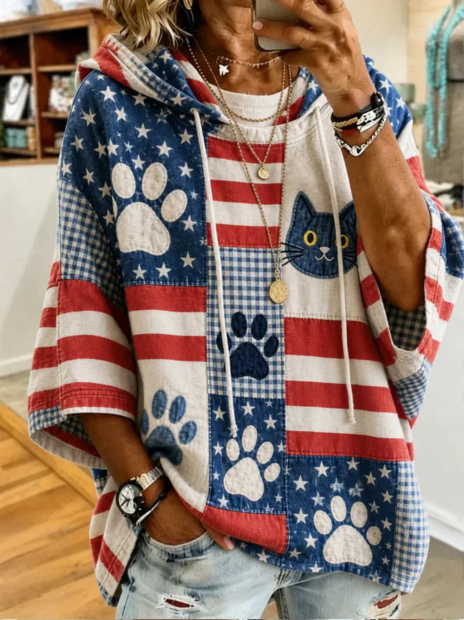 American Flag Patchwork Cat Paw Print Short Sleeve Drawstring Hoodie
