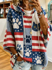 American Flag Patchwork Cat Paw Print Short Sleeve Drawstring Hoodie