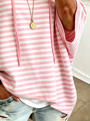 Pink White Horizontal Stripe Short Sleeve Drawstring Hoodie