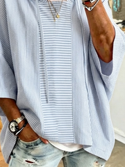 Light Blue Vertical Thin Stripe Short Sleeve Drawstring Hoodie