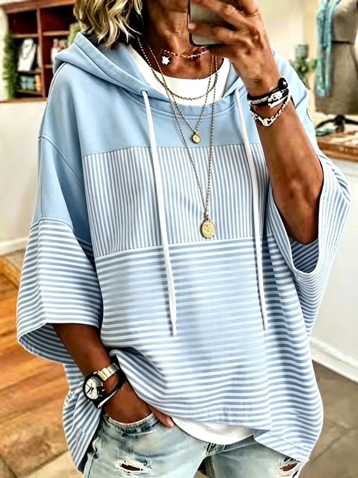 Two-Tone Mixed Vertical & Horizontal Stripe Short Sleeve Drawstring Hoodie