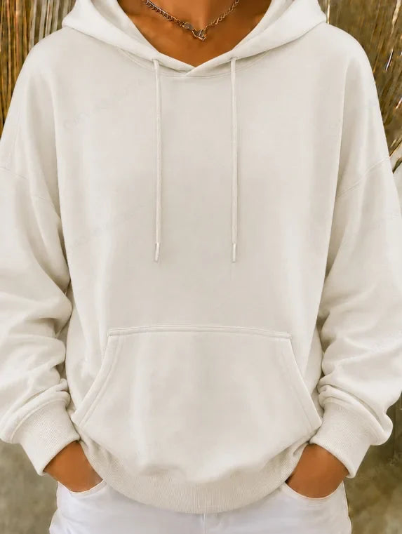 Off White Solid Drawstring Hooded Long Sleeve Pocket Sweatshirt