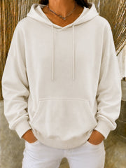 Off White Solid Drawstring Hooded Long Sleeve Pocket Sweatshirt