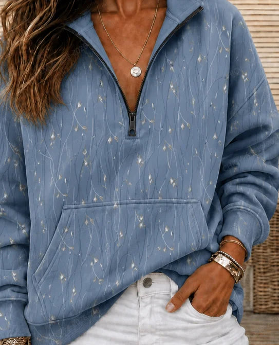 Blue Delicate Floral Print Half Zip Stand Collar Long Sleeve Sweatshirt