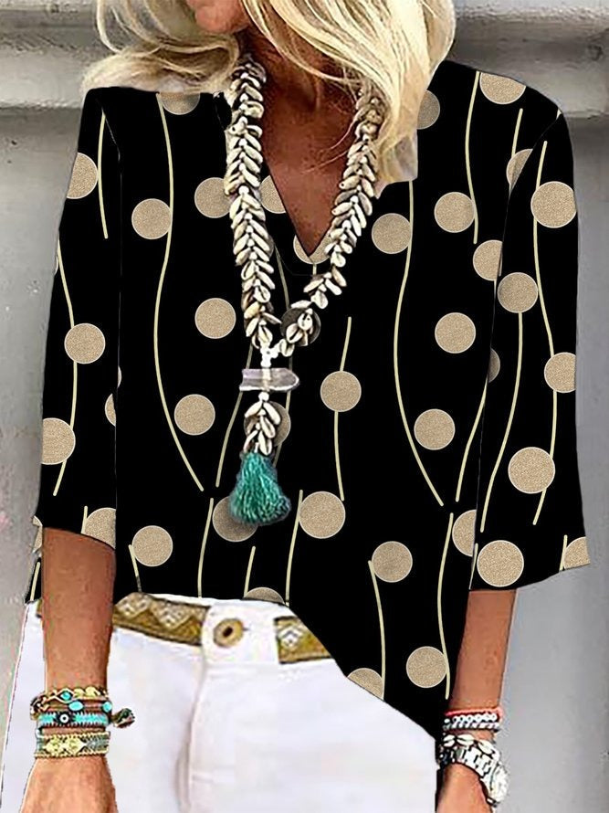 Polka Dot Printed V Neck Casual 3/4 Sleevess Blouse