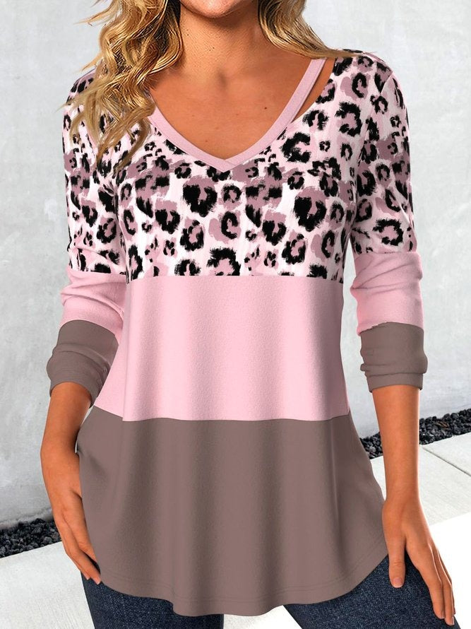 Leopard Print V Neck Long Sleeves Regular Micro-Elasticity Loose Shirt