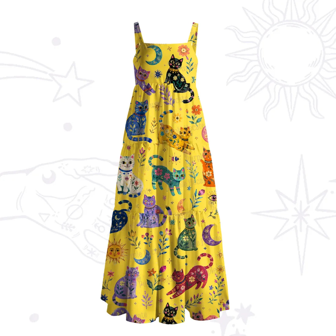 Rainbow Magic Cats Wide Strap Flowy Maxi Dress