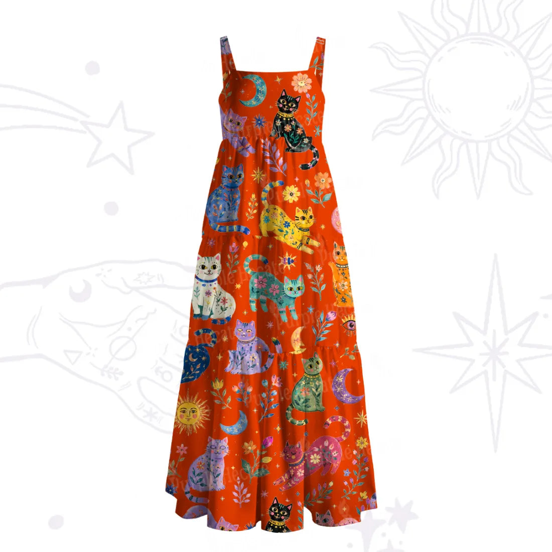 Rainbow Magic Cats Wide Strap Flowy Maxi Dress