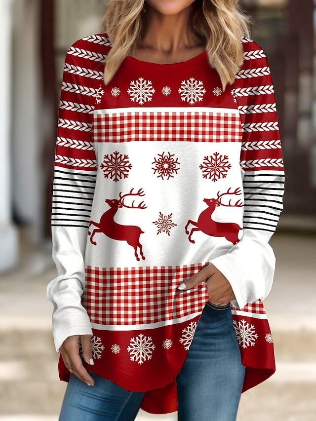 Christmas Party Round Neck Long Sleeve Snowflake Reindeer Print Sweatshirt