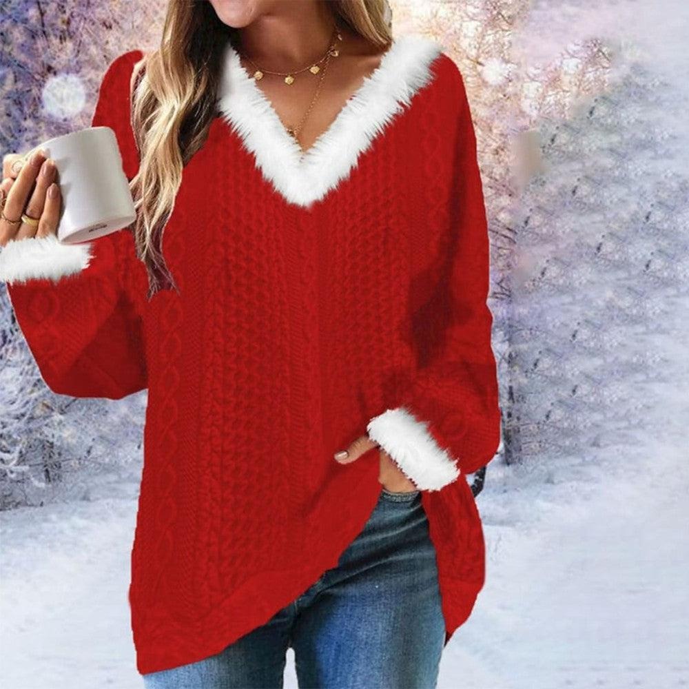 Christmas Plain Loose Long Sleeve V-Neck Sweater