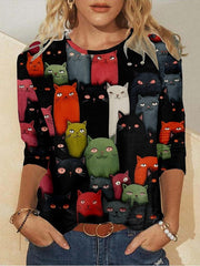 Cat Printed Crew Neck Long Sleeve Micro-Elasticity Regular Fit Shirt