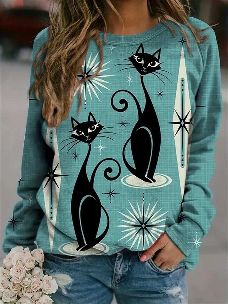 Cartoon Cat Print Crew Neck Sweatshirt