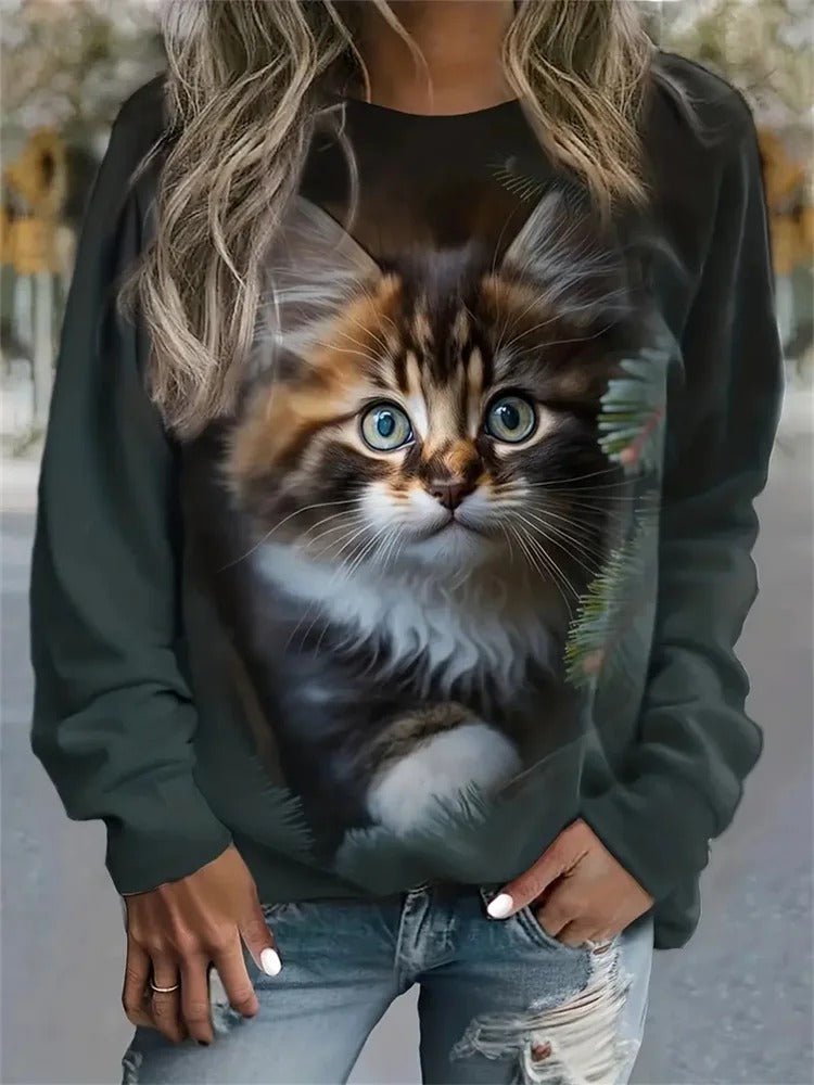 Cute Cat Print Round Neck Graphic Pullover Casual Sweatshirt