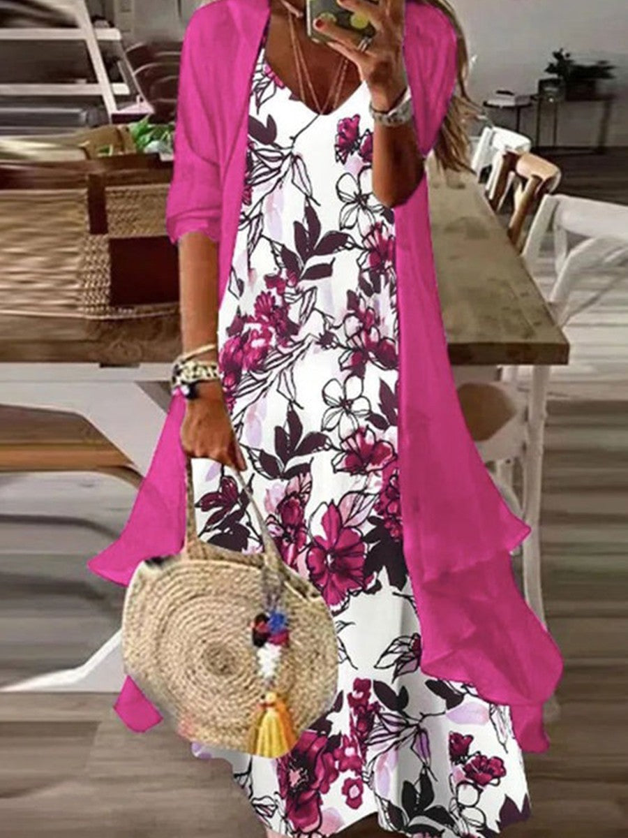 Romantic Floral Print Two-Piece Maxi Dress
