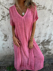 Women's Casual Cotton Linen wi Button Down 1/2 Long Sleeve Lapel V Neck Summer Midi Dresses