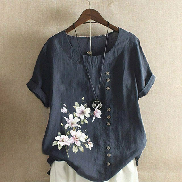 Floral Embroidery Round Neck Short Sleeves T-shirt