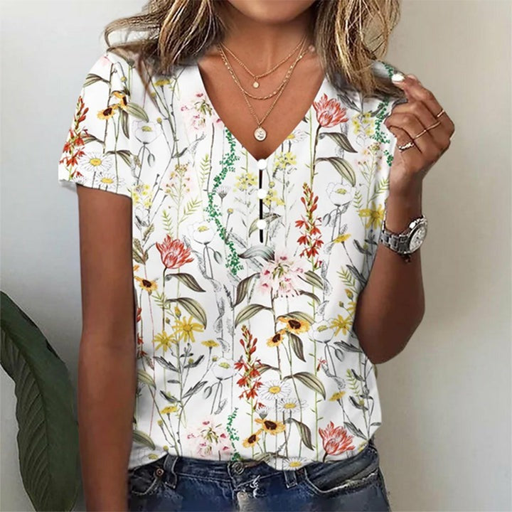 Floral Print Short Sleeve Button Up Dressy Casual Blouse
