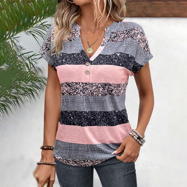 Summer Mixed Color Women's Short Sleeve Sexy V-Neck Shirt