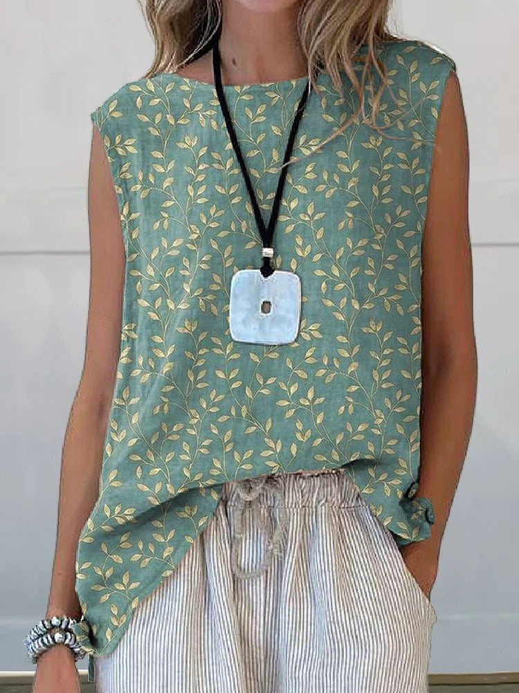 Elegant Floral Art Print Round Neck Tank Top