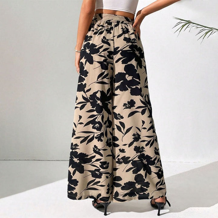 Vintage Floral Print Drawstring Wide Leg Trousers