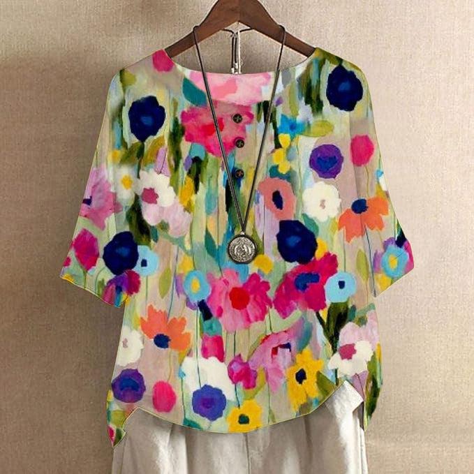 Elegant Multicolor Floral Print Short Sleeve Blouse