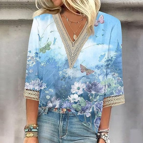 Romantic Printed Lace V-neck 3/4 Sleeves Blouse