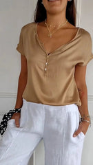 Solid Color Button V Neck Casual Short Sleeve T-Shirt