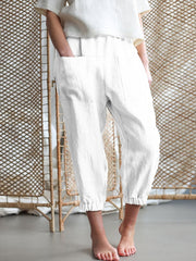 Casual Solid Color Loose Pocket Capri Pants